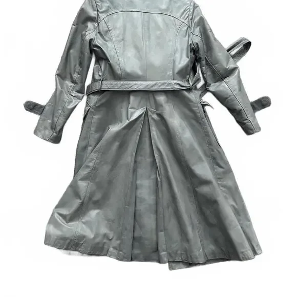 Women's Gray Leather Trench Coat with Real Fur Collar - Picture 7 of 9